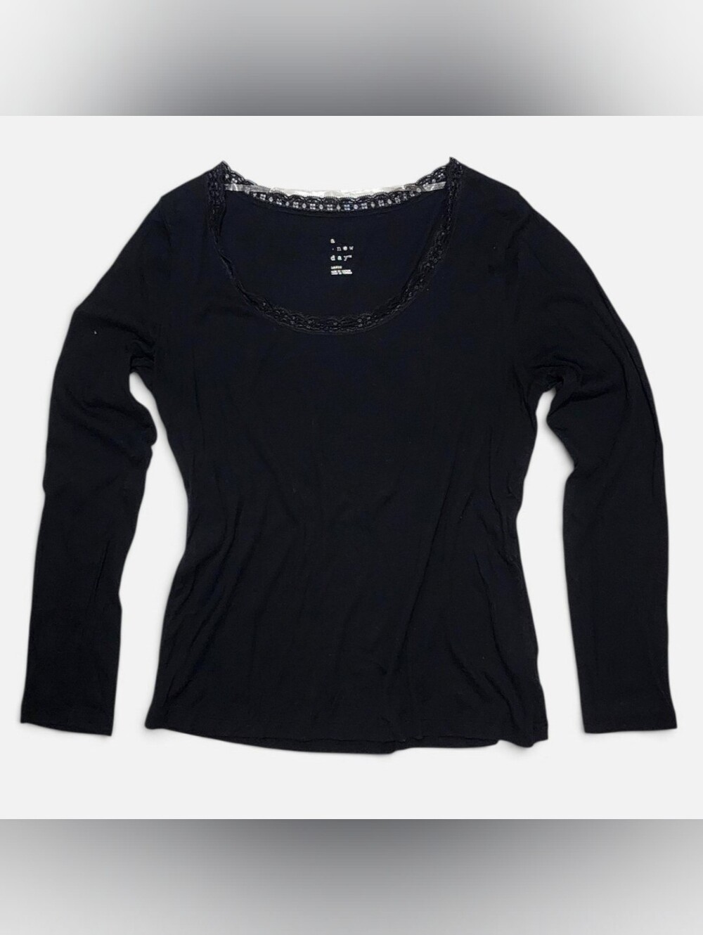 Black Long Sleeve Scoop Neck Top With Lace Trim